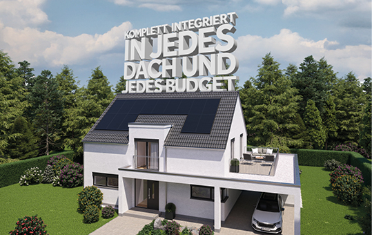 Haus mit BRAAS PV Indax Plus und text 'Komplett integriert in jedes Dach und jedes Budget'