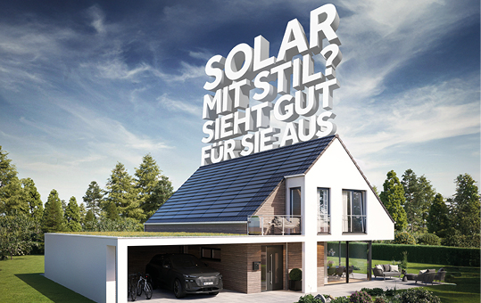 Haus mit BRAAS PV Premium Plus Turmalin und Text 'Solar mit Stil? Sieht gut für Sie aus'